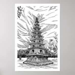 Poster Torre da Pagode Preta e Branca - Arte Esquemática