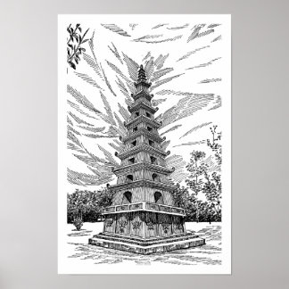 Poster Torre da Pagode Preta e Branca - Arte Esquemática 