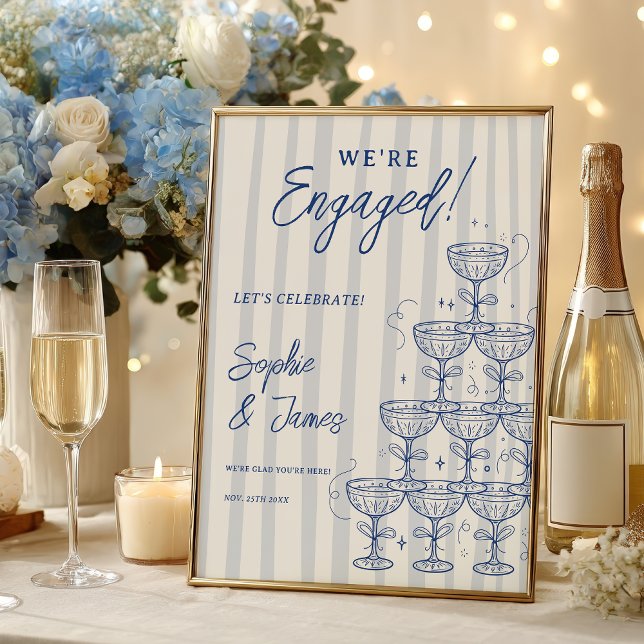 Poster Torre de Champanhe Azul Engajamento Casamento Bem- (Blue Champagne Tower Engagement Wedding Welcome Poster)