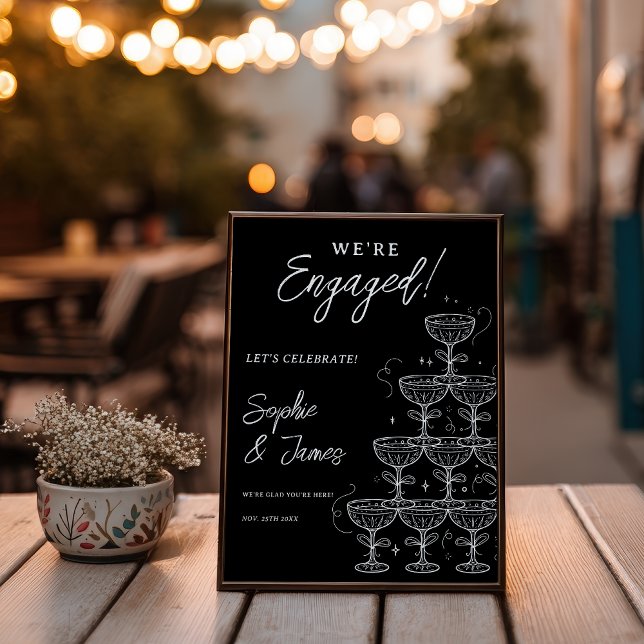 Poster Torre de Champanhe Preto Branco Engajamento Bem-vi (White Black Champagne Tower Photo Engagement Invitation)