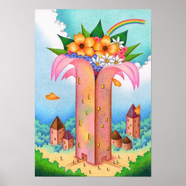 Poster Torre de flores desabrochando no céu. (Frente)
