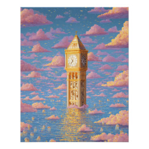 Pôster Torre do Relógio de Arte Sonho Surrealista do Céu