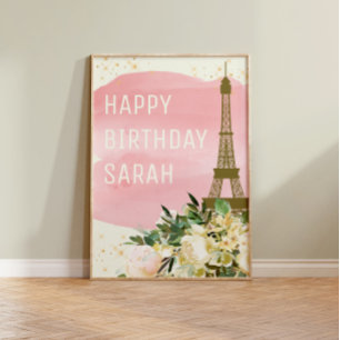 Poster Torre Eiffel Brilho Dourado Rosa Feliz Aniversário