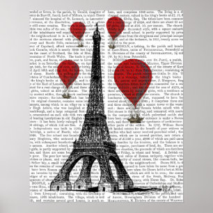 Poster Torre Eiffel e Balões de Ar Quente Vermelho