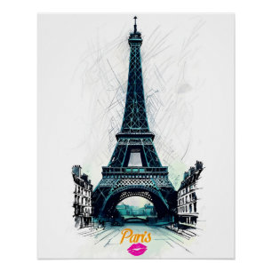 Pôster Torre Eiffel Esboço Impressão, Desenho de Linha, P