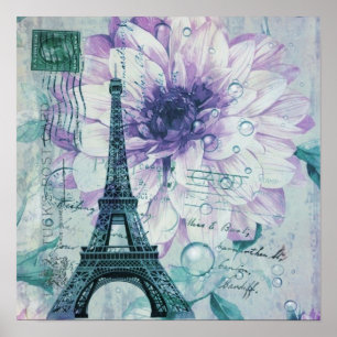 Poster torre Eiffel floral roxa de Paris do vintage