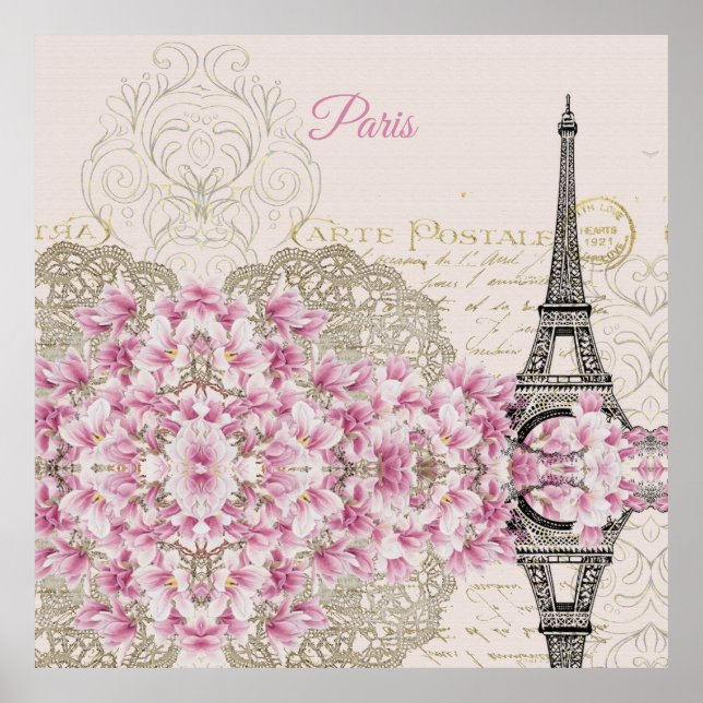 Poster Torre Eiffel, Magnolia Rosa de Paris (Frente)