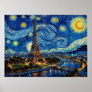 Poster Torre Eiffel Noite Estrelada Paisagem Histórica