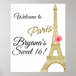 Pôster Torre Eiffel Paris Brilho Dourado Rosa Rosa França