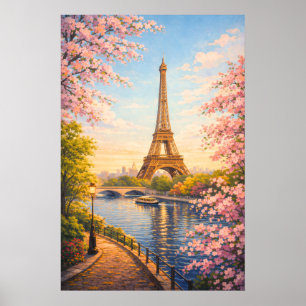 Poster Torre Eiffel Paris França Flores de Cerejeira Vint