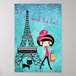 Poster Torre Eiffel Paris Girl and Cat Blue Damask