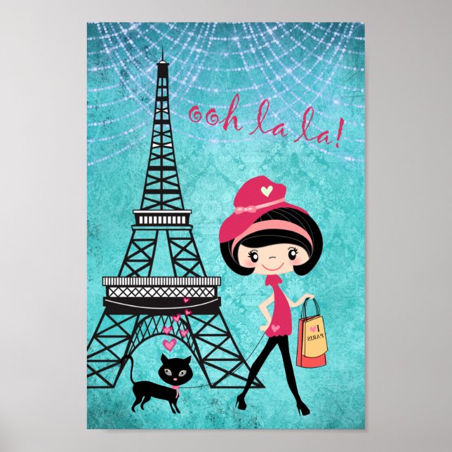 Poster Torre Eiffel Paris Girl and Cat Blue Damask (Frente)