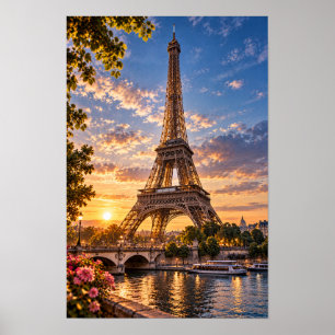 Poster Torre Eiffel Paris Pôr do Sol Rio Sena Arte de Par