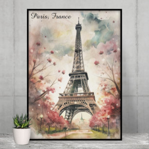 Poster Torre Eiffel Romântica Floral Aquarela