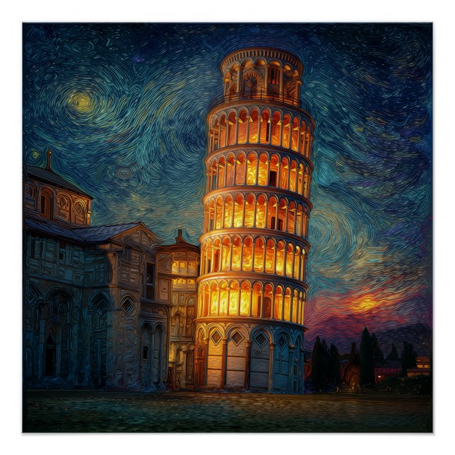 Pôster Torre Inclinada de Pisa à noite (Frente)
