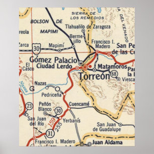 Poster Torreon e Matamoros México Vintage Map