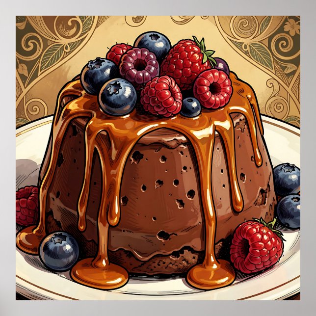 Poster Torta de Chocolate Caramelo e Frutas Decadente (Frente)