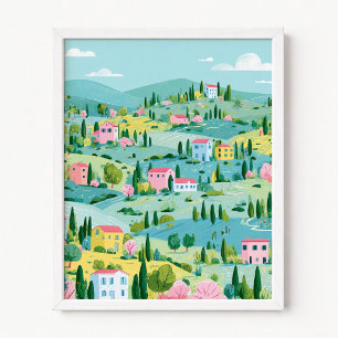 Poster Toscana em Azul Turquesa com Ilustração de Casas C