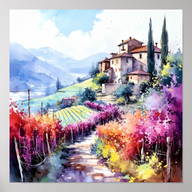 Poster Toscânia Winery Watercolor Art (Frente)