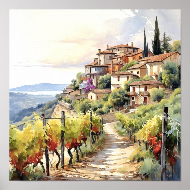 Poster Toscânia Winery Watercolor Art (Frente)