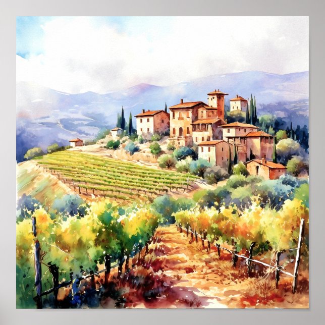 Poster Toscânia Winery Watercolor Art (Frente)