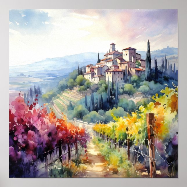 Poster Toscânia Winery Watercolor Art (Frente)