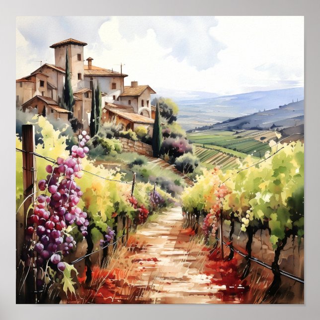 Poster Toscânia Winery Watercolor Art (Frente)