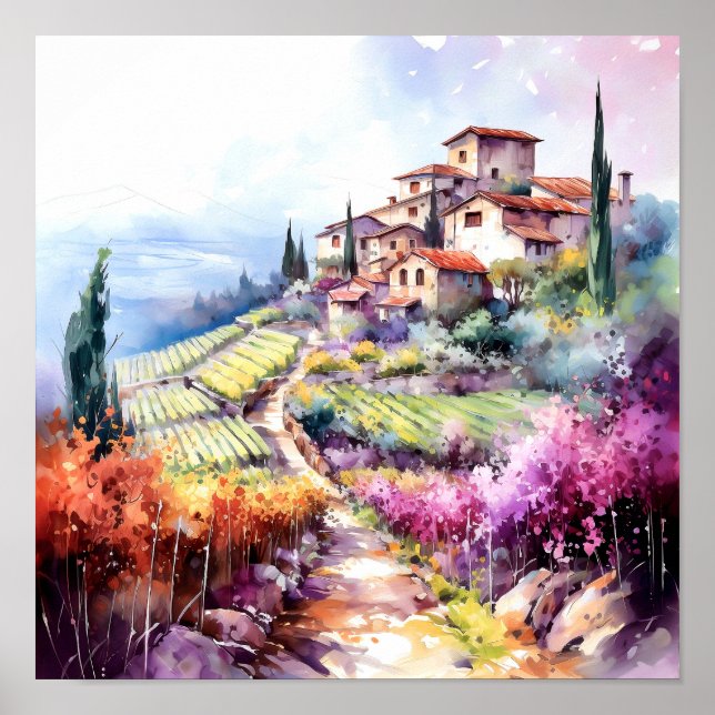Poster Toscânia Winery Watercolor Art (Frente)