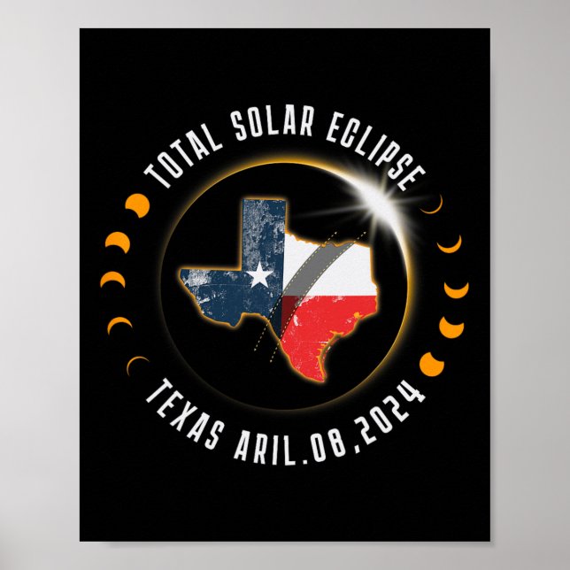 Poster Total Solar Eclipse América Totalidade Texas 8 de  (Frente)