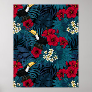 Poster Toucans e flora tropical, verdes e vermelhas