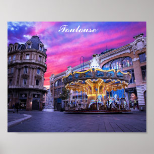 Poster Toulouse France French City Carousel Sunset Travel