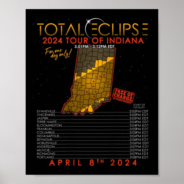 Poster Tour Total Solar Eclipse 2024 De Indiana Em 8 De A (Frente)