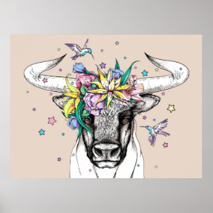Poster Touro de desenho em uma coroa floral. Porta brilha