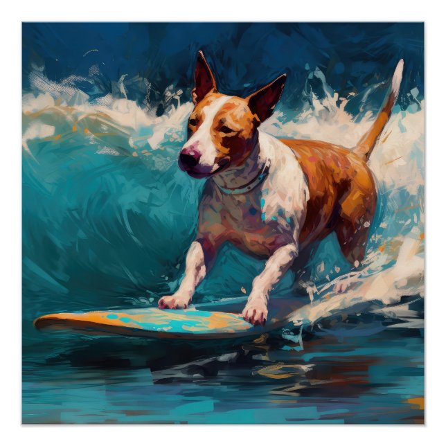 Pôster Touro Terrier Beach Surfing Painting (Frente)