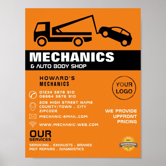 Poster Tow Truck, Auto Mechanic e Repara Publicidade (Frente)