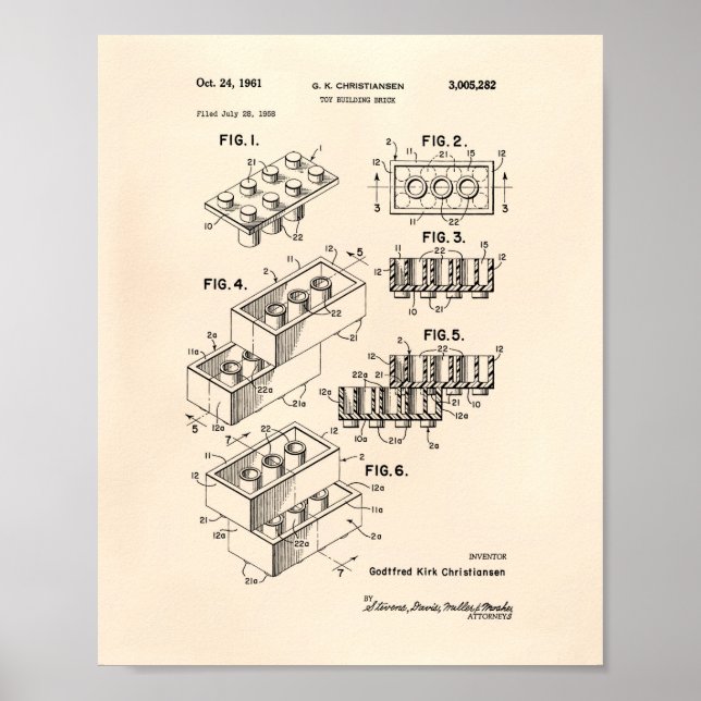 Pôster Toy Building Brick 1961 Patent Art - Old Peper (Frente)