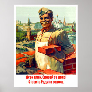 Poster Trabalhador da construção, propaganda do soviete