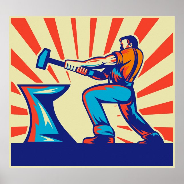 Pôster Trabalhador de ferreiro com martelo e bigorna (Frente)