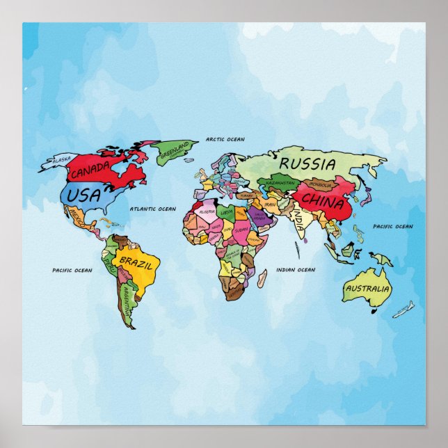 Poster Trabalho de arte de aquarela do World Map (Frente)