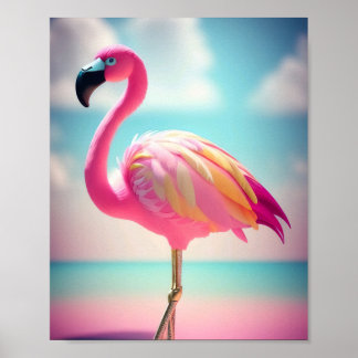 Poster Trabalho de arte de flamingo, azul e rosa, pastel