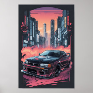 Poster trabalho de arte de linha do horizonte nissan r-34