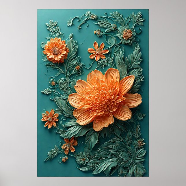 Poster Trabalho de arte Floral Elegante com Flores Laranj (Frente)