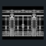 Poster TRABALHO DE DECO DE ARTE DE AUDREY: BRANCO a PRETO<br><div class="desc">A Ironwork de Audrey é a cerca de ferro e design de portão forjados do fundo da nossa design de moda de Art Deco "Audrey". A composição da ferragem foi criada usando várias fotos de peças de ferro da Arte Francesa - cercas, portões, colunas, além de uma design de pedra...</div>
