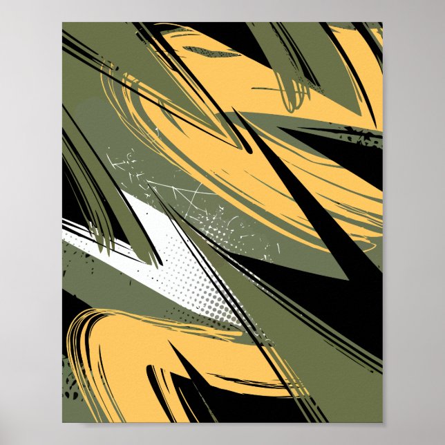 Poster Traços do Pincel abstrato com Verde-oliva e Amarel (Frente)