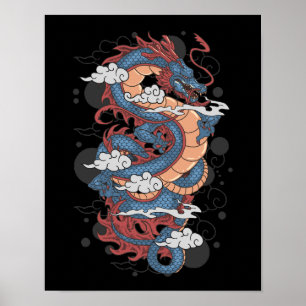 Poster Tradicional Ancional, Dragão Japonês Tatuagem Art