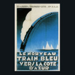 Poster Train Bleu Cote D'Azur French Art Deco Travel<br><div class="desc">Reproduction of vintage travel poster for "Le Nourveau Train Bleu Vers La Cote D'Azur." Circa 1928, great Art Deco style in blues, black and white.</div>