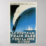 Poster Train Bleu Cote D'Azur French Art Deco Travel<br><div class="desc">Reproduction of vintage travel poster for "Le Nourveau Train Bleu Vers La Cote D'Azur."  Circa 1928,  great Art Deco style in blues,  black and white.</div>