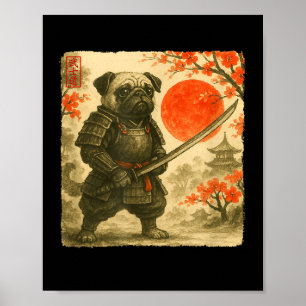 Poster Traje de Guerreiro Samurai Japonês Pug Arte Sumi-e