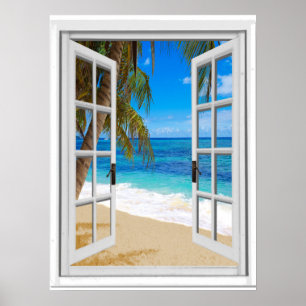 Poster Tranquil Beach Ocean Ver Falso Janela