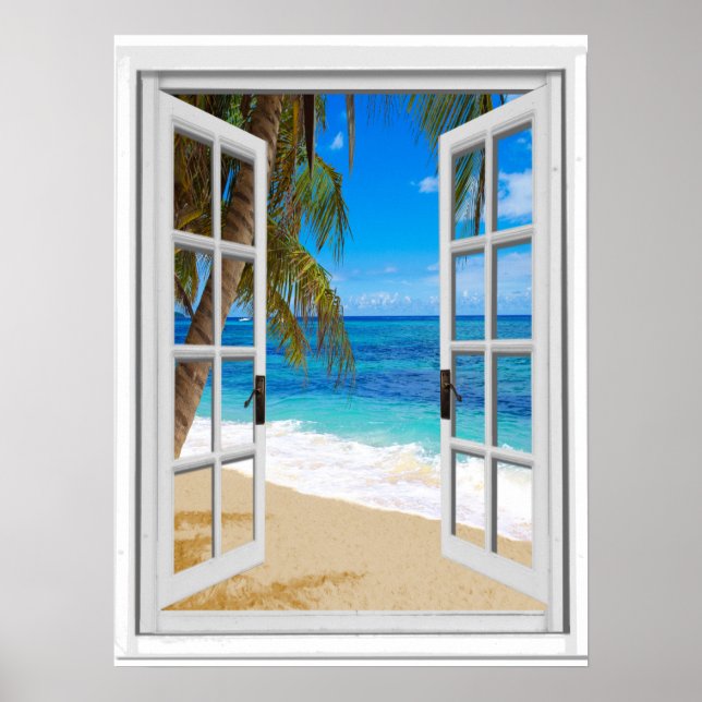 Poster Tranquil Beach Ocean Ver Falso Janela (Frente)